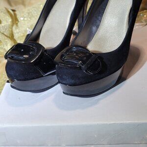 Women's Nine West Black suede and black leather strap pump, 5 inch heal size 6.5